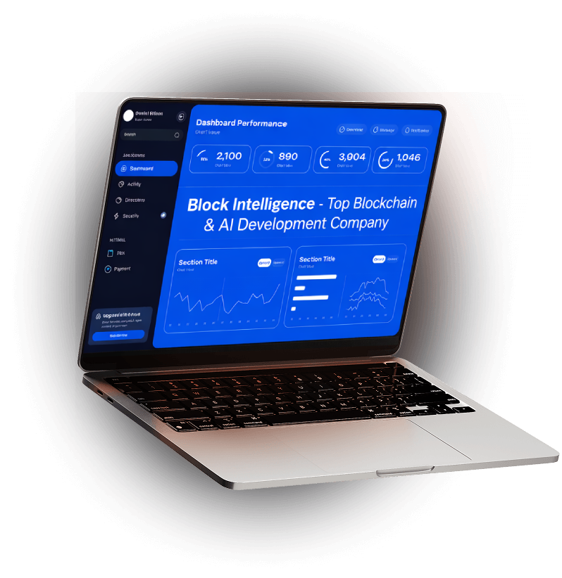 Block Intelligence – Web3 and AI development dashboard on laptop, blockchain and computer vision solutions